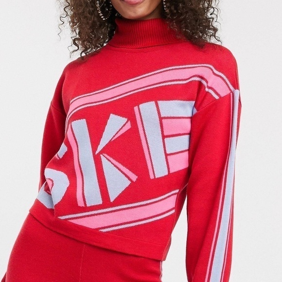 ASOS DESIGN ski slogan graphic sweater with racer stripe sleeves women’s size 14 - Picture 1 of 6